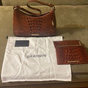 Brahmin Pecan Crocodile-Embossed Shoulder Bag Set. Purse/wallet great shape!